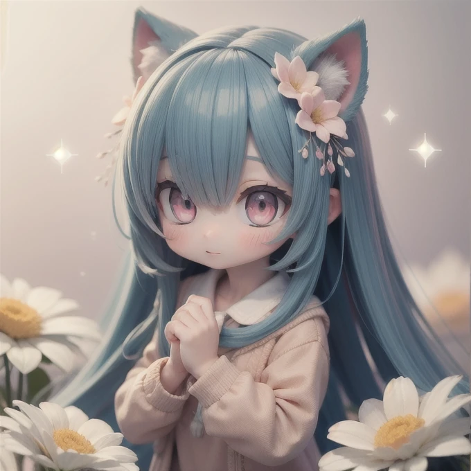 cute, kawaii, very long hair, pastel colors, soft ((glossy eyes)), sparkles, flowers, animals,