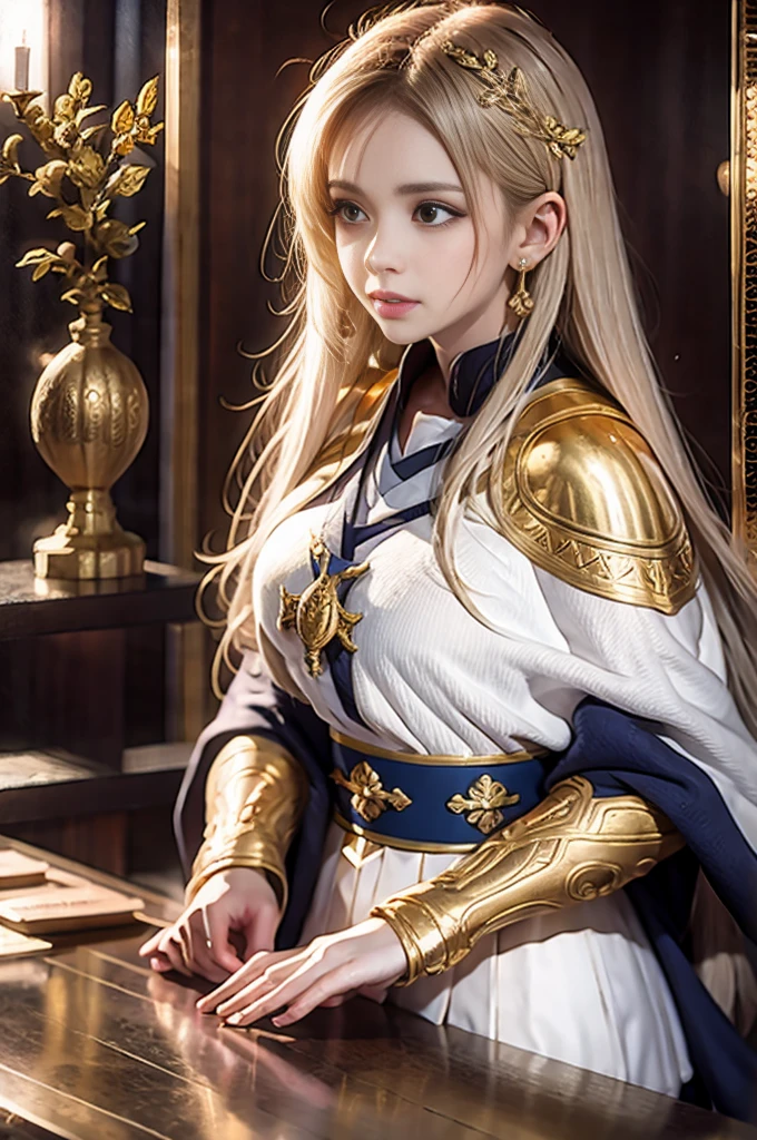 A woman like Joan of Arc、knight, Gold armor，Gold armor，With sword and shield，Royal style，Comic style, , Subsurface scattering, Gorgeous details, Natural background, Surrealism, Movie, Dramatic Lighting, On the table、Armor with wolf pattern、((Kimono role play))