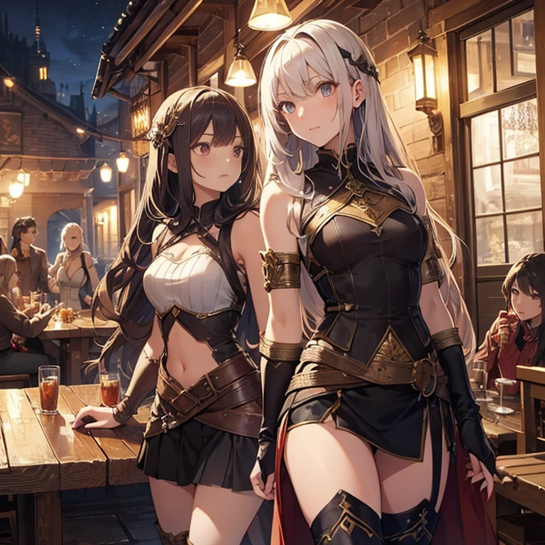 A group of  female medieval fantasy adventurers, (in tavern), various hair styles, harem, night, details face, short skirt, seducing, sleeveless, armor, midriff 