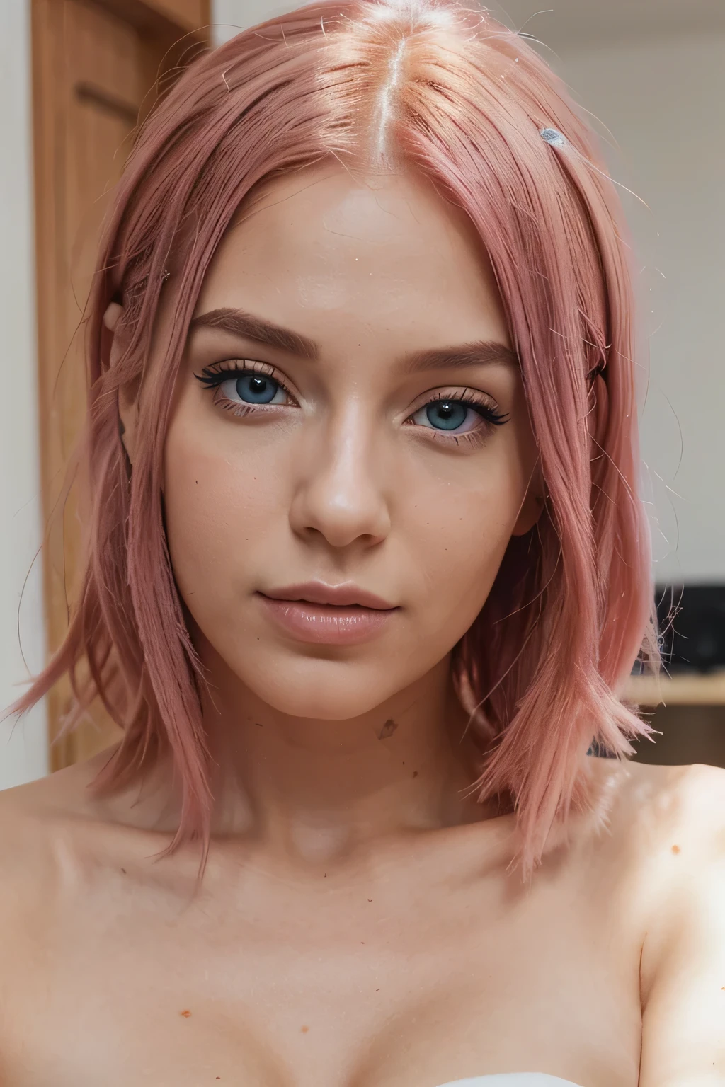 realistic portrait photo of beautiful woman with pink hair, spanish, influencer, blue eyes, no makeup, instagram