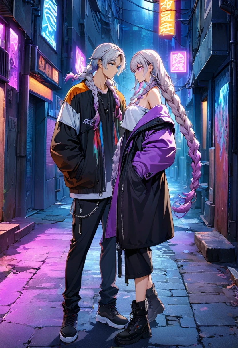 (((8k wallpaper，Extremely detailed CG :1.2, masterpiece, High resolution:1.2, Top quality:1.2))),A couple of lovers boy and girl staring at each other,  (( yinji, purple hair, purple eyes, long hair, white hair, double braids, gradient hair , Hands in pockets:1.8, Street Fashion:1.2, Wearing a colorful coat:1.2)), ( Off-shoulder), ((Empty alleys, night, Neon Street)), (High Angle)