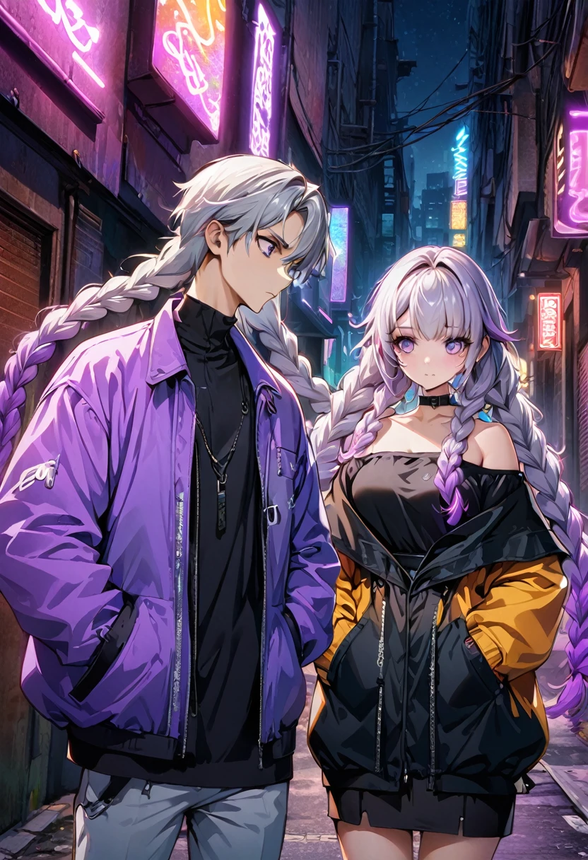 (((8k wallpaper，Extremely detailed CG :1.2, masterpiece, High resolution:1.2, Top quality:1.2))),A couple of lovers boy and girl staring at each other,  (( yinji, purple hair, purple eyes, long hair, white hair, double braids, gradient hair , Hands in pockets:1.8, Street Fashion:1.2, Wearing a colorful coat:1.2)), ( Off-shoulder), ((Empty alleys, night, Neon Street)), (High Angle)