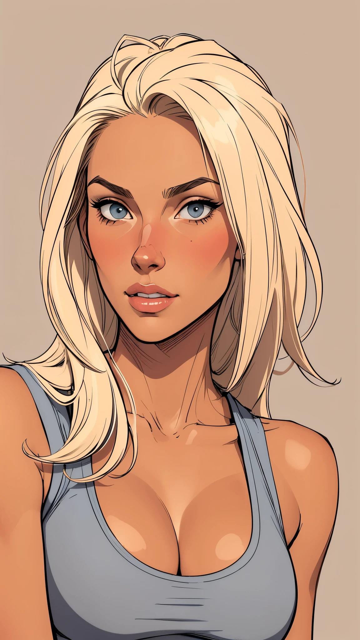 Flat colors, close up, portrait of a 25 year old surfer looking girl, tan skin, beach blonde salty hair, natural beaty, beautiful, casual, grey tank top, Cleavage simply beige background