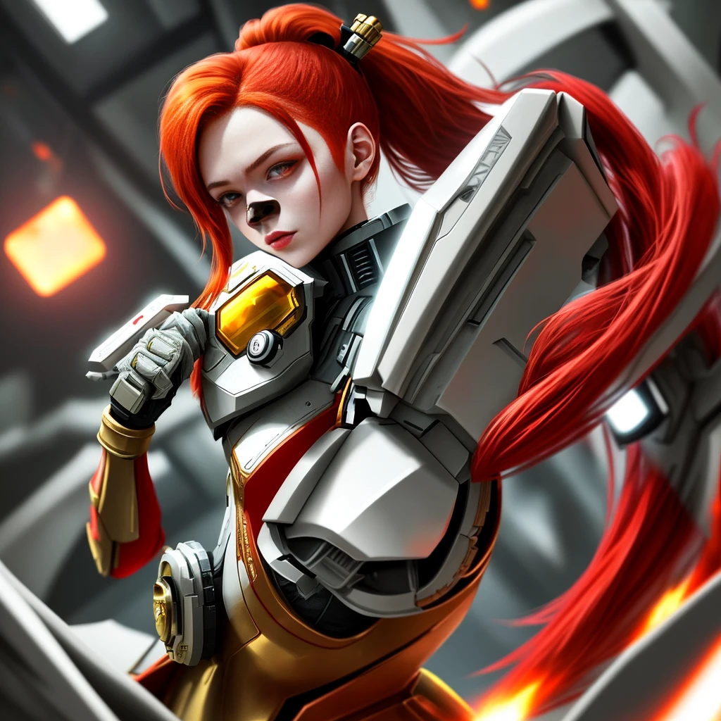 Second Dimension,a beautiful girl,ung girl,red pupils,Redhead with double ponytail,Kindness and vitality,Sci-fi armor is mainly white、Red Supplement,Gold accents,The power of the immortal bird