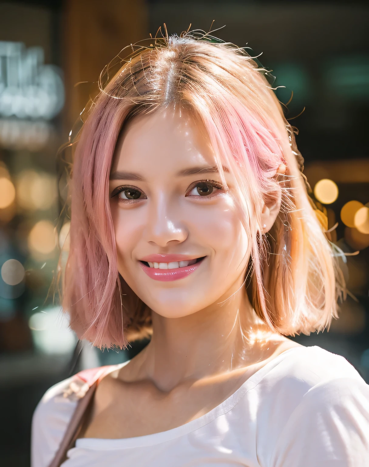 beautiful instagram model, pink hair, at the airport, smiling, holding starbucks coffee cup, wearing t-shirt and short skirt, detailed face, long eyelashes, detailed eyes, detailed lips, highly detailed, 8k, photorealistic, studio lighting, professional photography, warm color tone, natural lighting