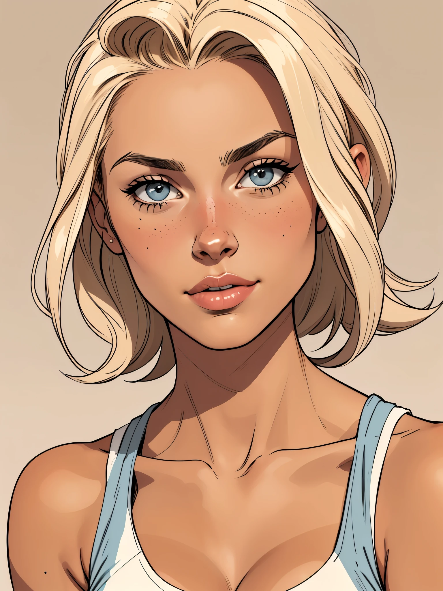 Flat colors, close up, portrait of a 25 year old surfer looking girl, tan skin, beach blonde salty hair, natural beaty, beautiful, casual, grey tank top, Cleavage simply beige background 