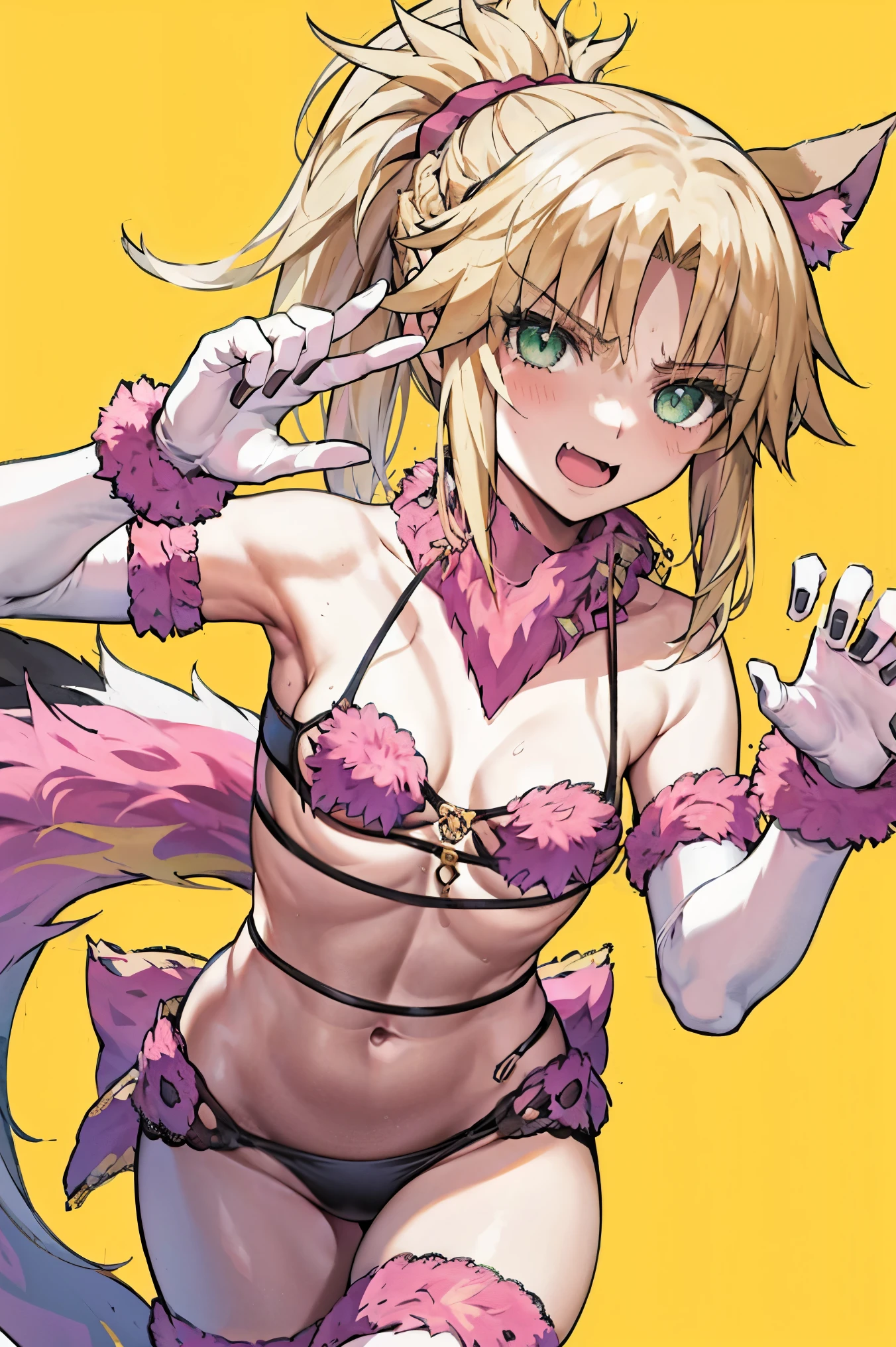 Masterpiece, Best Quality, illustration, city, 1girl, Mordred \(fate\), collarbone, Detailed blond hair ponytail braid, green eyes,,navel,thigh-high, covered_pussy,flat_chest,long_sworddangerousbeast,elbow_gloves,
,wolf_tail,wolf_ears,fang,happy,nihil,smile,spread_legs,claw_pose,armpits,open_mouth,angry,squat,bikini_bottoms,rise_hands,Highquality_hads,perfect_fingers,