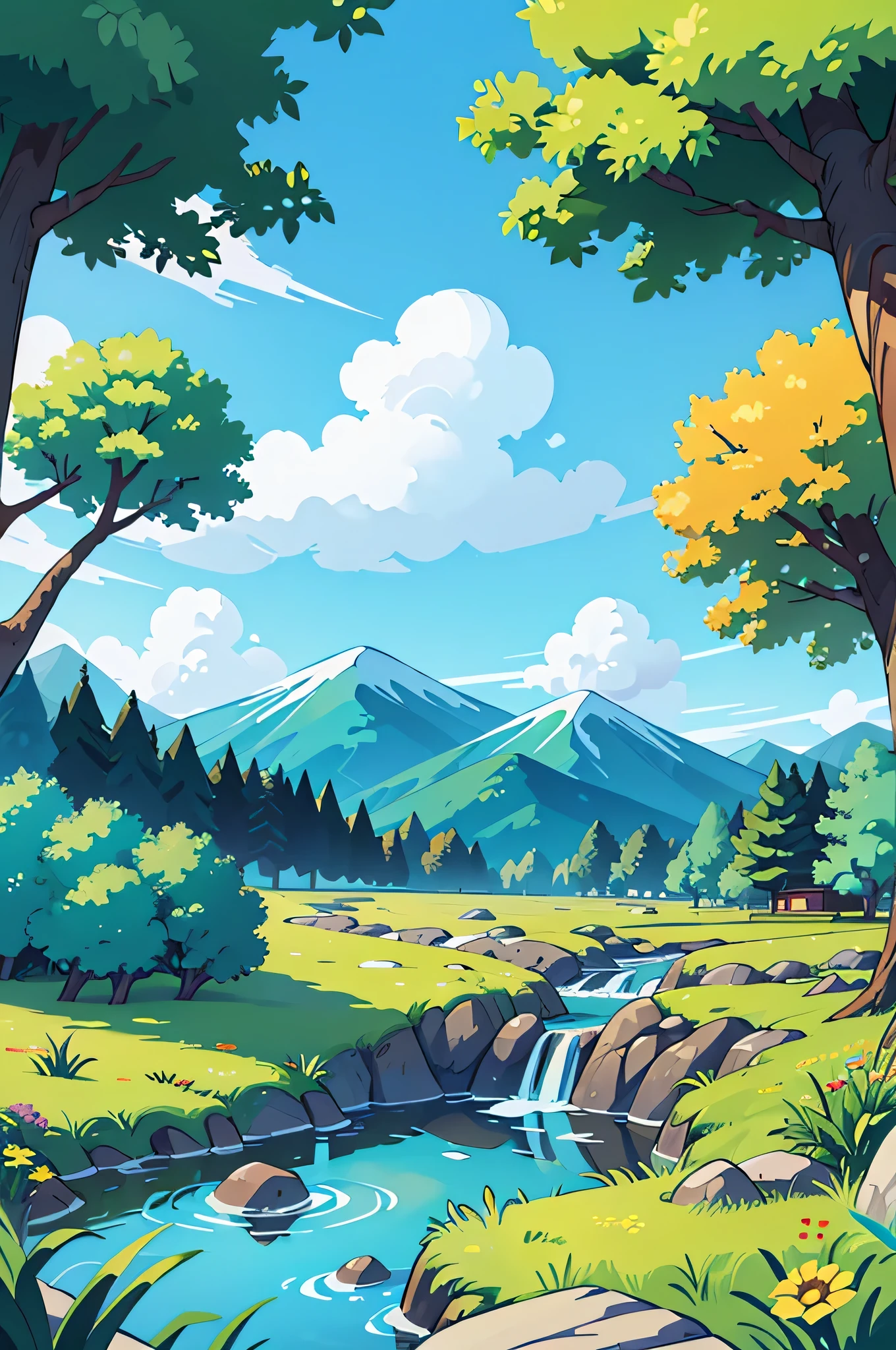 Draw a cartoon，Background contains blue sky、White Cloud、Trees、Grass、sun、Mountain、雪Mountain、Stone、Creek、Fall、Small Flower，Fall is on the right side of the picture.