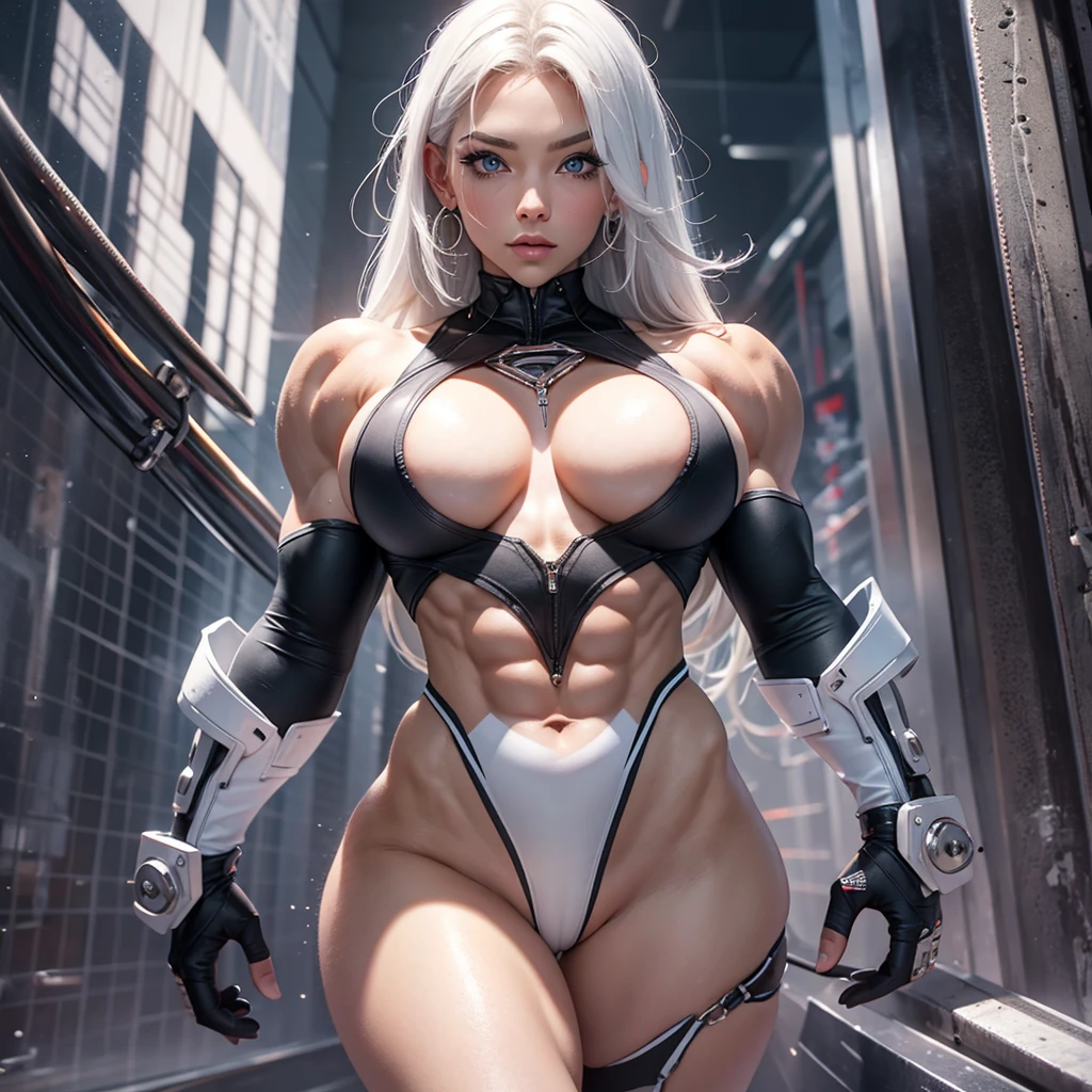 (1 female bodybuilder: 1.37),(), masterpiece, best quality, illustration, Extremely detailed, fine details, high resolution, 8k wallpaper, Perfect dynamic composition, 1 Girl, Beautiful and delicate eyes, Natural lips , Mechanical fuselage, High-tech special suits, Average breast: 1.25, with a lovely appearance: 1.3, White skin, White skin, Oily skin, shiny skin, Texture, bule, white hair, Silver Hair, Side hairstyle, whole body, whole body, Background extremely detailed city suburbs.