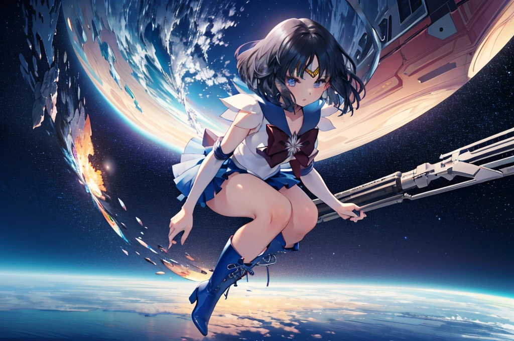 (full body),1 girl，solo，Sailor Saturn,sailor saturn，gold tiara on her forehead，Sailor Warrior Uniform,White leotard，Elbow Handbags，Braided boots，Black Hair，Bobcut，Gold tiara on forehead, Tomoe Hotaru, space, (Highest_quality:1.2), (Ultra_detailed:1.3), 8k, very_clear, Dynamic Shot，Kung Fu Pose，Highestquality, High resolution, unity 8k wallpaper, (shape:0.8), (Beautiful and fine grain:1.6), verydetailedな顔, Perfect Sentence, detailedなCG, (Perfect hands, Perfect Anatomy),Thick thighs, Squat，Spread your legs，Dynamic Angle, (From behind,Bent over, ),Looking down，From below，