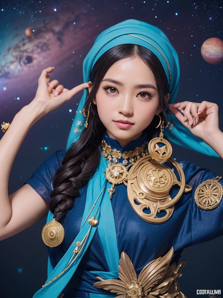 Imagine a Malay girl wearing a headscarf as the Guardians of the Galaxy, She is surrounded by celestial elements such as planets and stars. Use cosmic colors and lighting to convey her role as the protector of the universe, 28mm lens, Create a shot, High contrast photography effect, Natural Lighting, Desaturate color grading, high quality, Super detailed, 8k resolution,