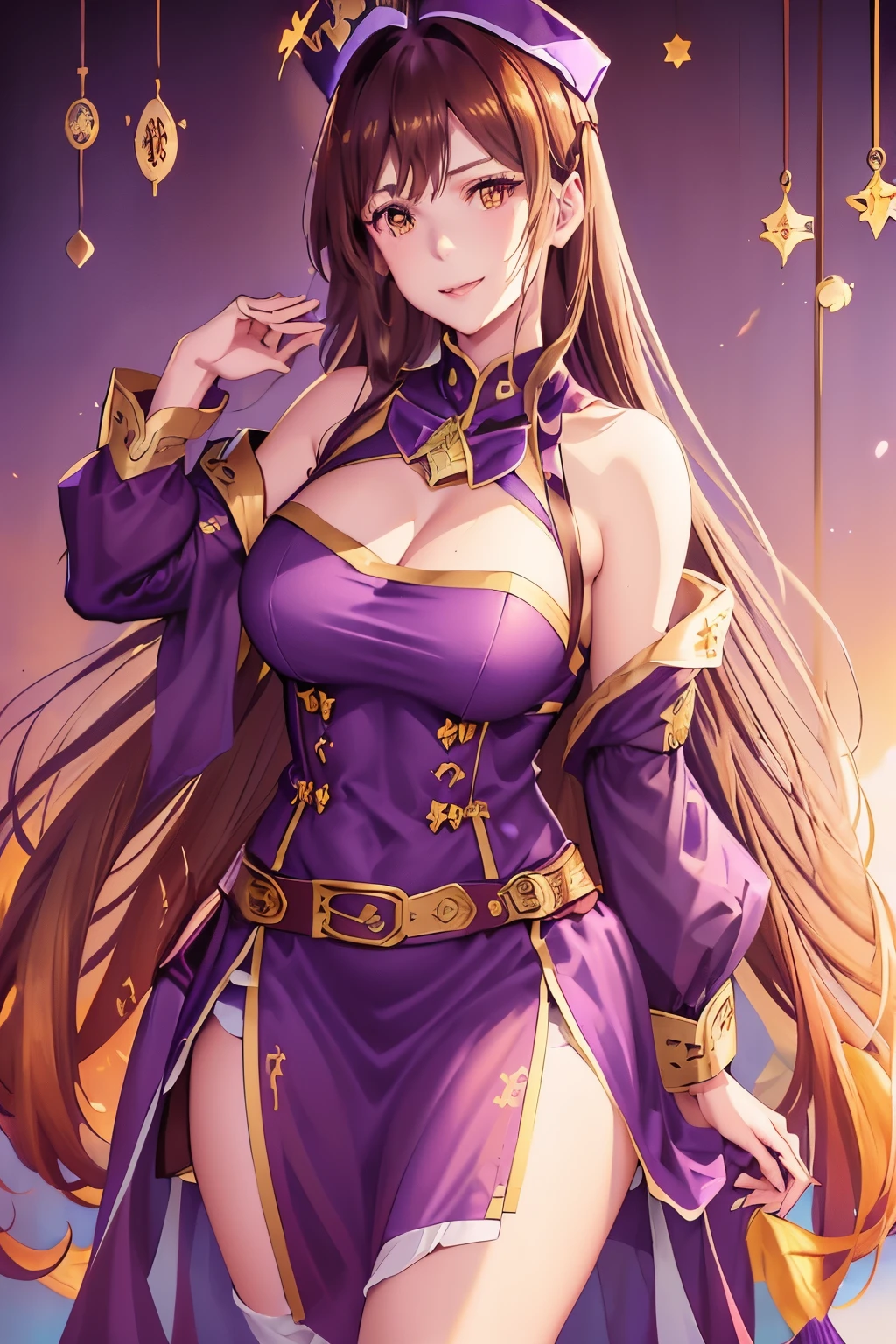 woman, long hair, brown hair, brown eyes, smiling, Mage purple hat(with golden details), strapless dress, cleavage, mage purple dress(with golden details), long cape, long purple socks, Zettai ryōiki ,purple gloves, belt, busty, wide hips, large thighs, anime style, purple boots((with golden details)), holding golden staff