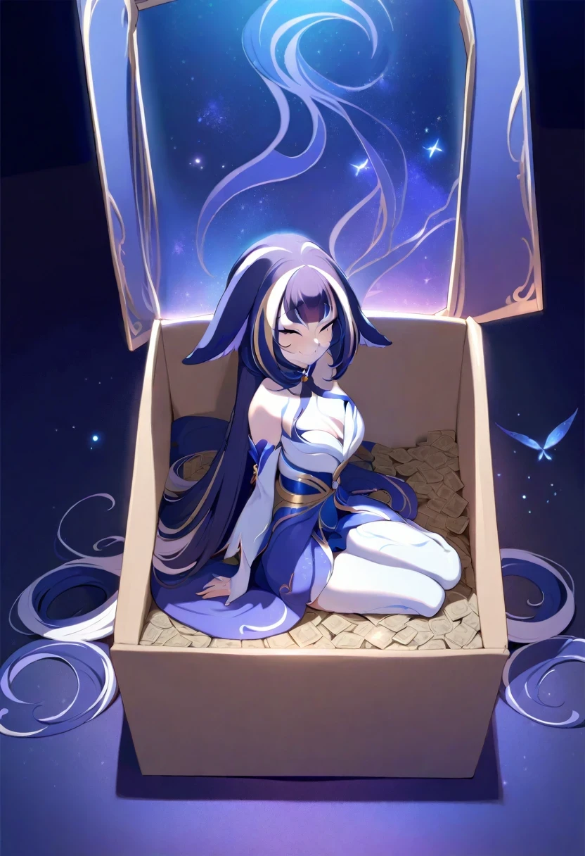 (shylily/(Twich/):1.5),(masterpiece:1.2),(best quality:1.2),, There was a woman sitting in a box full of money and diamonds, Sexy seductive facial expression, astral skirt, 1 Girl, whole body, skirt, night, shadow, Smile, looking at the audience