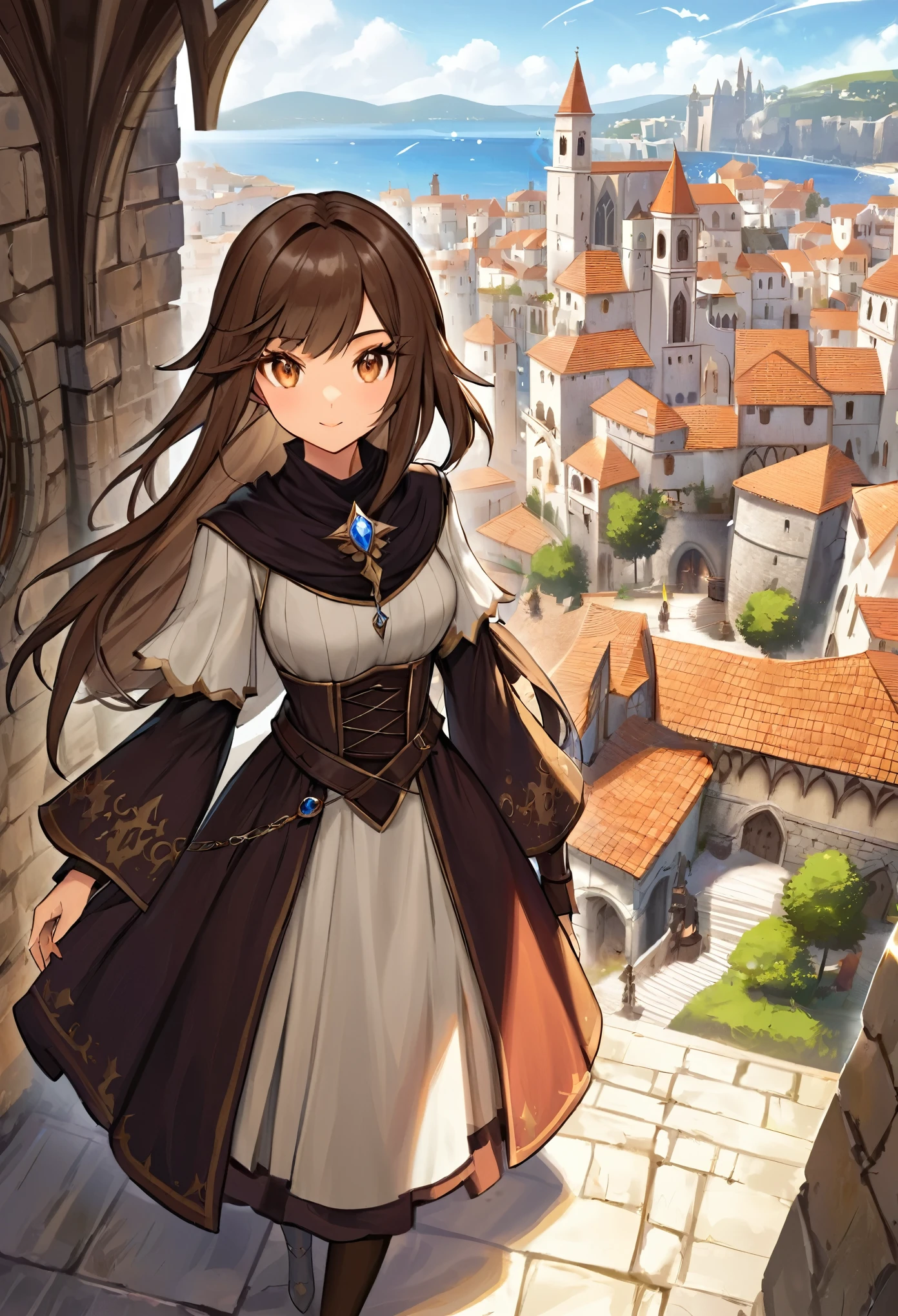 medieval fantasy setting, medieval city, female human race sorceress, Mediterranean features, long brown hair wearing sorceress dress