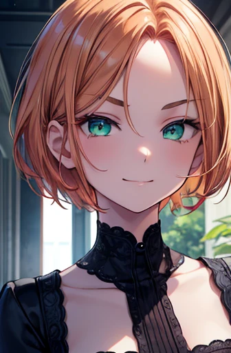 (masterpiece),(top-quality),(ultra-detailliert),hight resolution,in 8K animation,1girl,(forehead:1.2),short bob cut,copper hair,green eyes,half-closed eyes,round eyes,smirk,evil smile, v-shaped eyebrows,(beautifull detailed face),(beatiful detailed eyes),18 years old