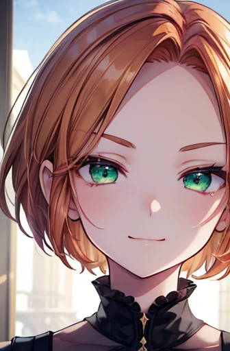 (masterpiece),(top-quality),(ultra-detailliert),hight resolution,in 8K animation,1girl,(forehead:1.2),short bob cut,copper hair,green eyes,half-closed eyes,round eyes,smirk,evil smile, v-shaped eyebrows,(beautifull detailed face),(beatiful detailed eyes),18 years old