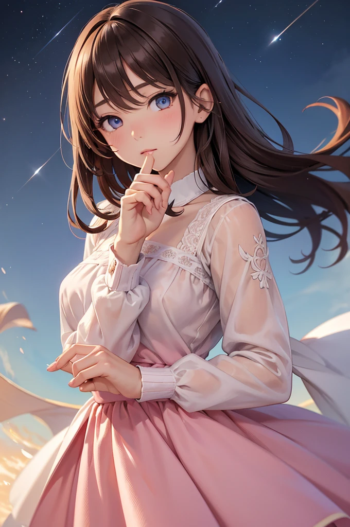 masterpiece、highest quality、High resolution、high quality images、8K, 1 female、skin luster、skin texture、Expression of fine eyes, realism, Detailed manga style, manga art style, perfect line drawing, beautiful line drawing, digital manga art girl, Clear, charm, Front view, (perfectly detailed face), (fine hands) 、(Five fingers:1.3)、photorealistic images, Depth of written boundary,
One girl, bangs, blue eyes, Blurred Background, Brown Hair, Mouth closed, From the side, Hair between the eyes、White and pink dress、Long sleeve, View Viewer, Medium Hair, night, star , Upper Body, Bright and colorful, Strong color contrast