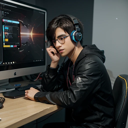 Garoto, Nerd, Gamer, estilo anime, 3d, headset, Pc gamer, game, desenho anime