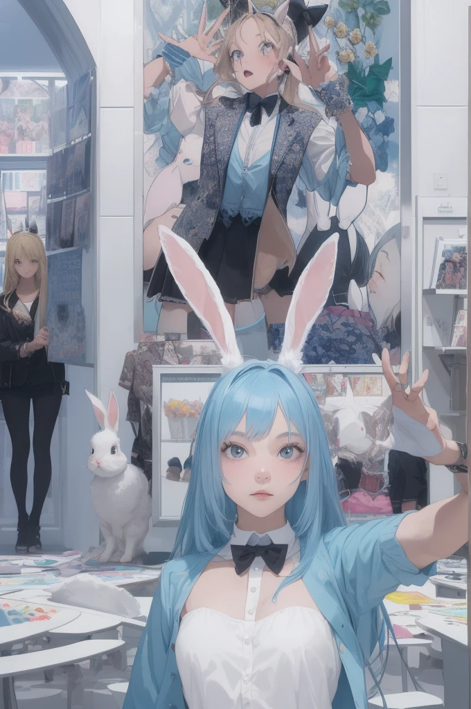 ((Trick Art, Visual illusion effect)), (masterpiece, highest quality:1.2), Three Girls, Fashion trend leaders, A girl is taking a selfie in front of a poster full of girls wearing bunny ears, (((Depicts an optical illusion image that looks like rabbit ears growing from the girls&#39; heads when viewed from a distance.)))