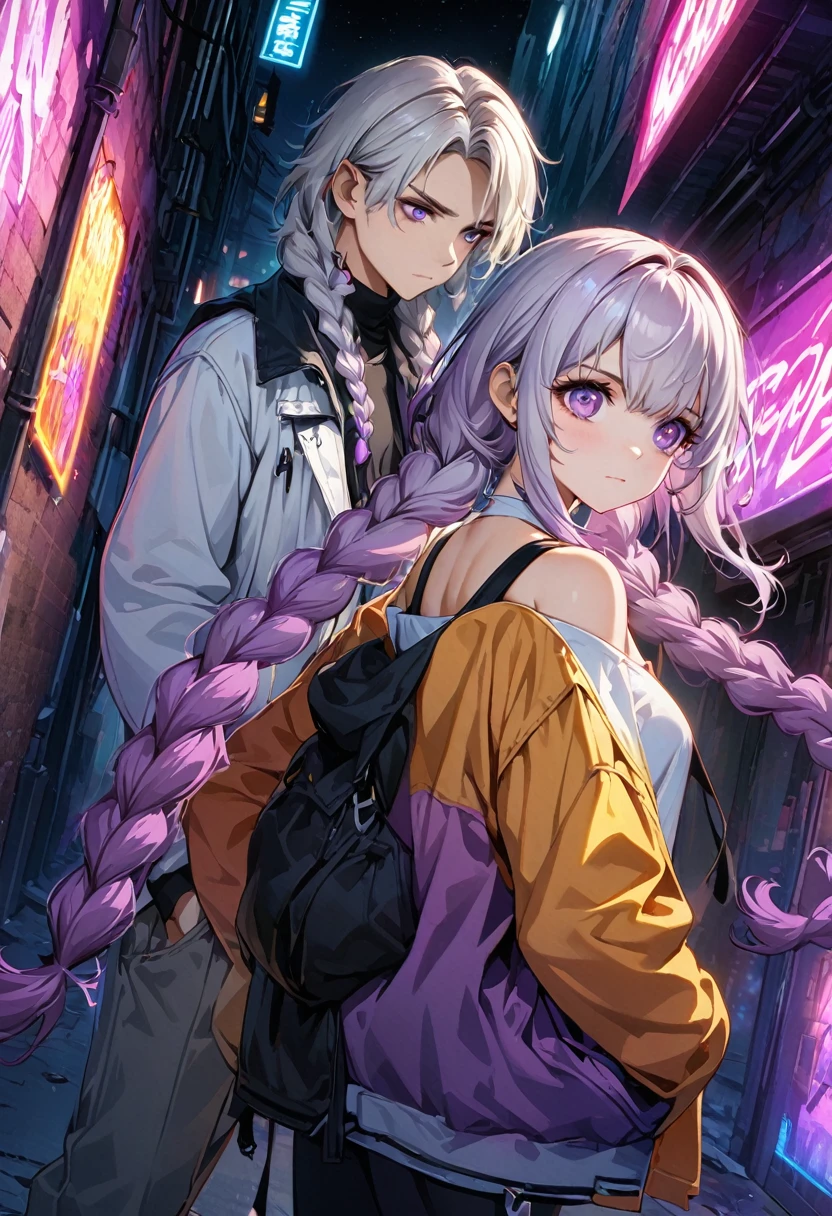 (((8k wallpaper，Extremely detailed CG :1.2, masterpiece, High resolution:1.2, Top quality:1.2))),A short haired boy and girl staring at each other,  (( yinji, purple hair, purple eyes, long hair, white hair, double braids, gradient hair , Hands in pockets:1.8, Street Fashion:1.2, Wearing a colorful coat:1.2)), ( Off-shoulder), ((Empty alleys, night, Neon Street)), (High Angle)