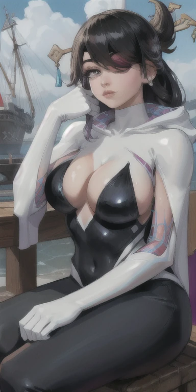 spider gwen style, marvel, ghost spide, beidou genshin inpac wearin spider gwen clothes, Beautiful woman, mercenary, heroic, , sitting cross-legged, wet beachwear, long breasts, detailed realistic cyberpunk style, black hair, masterpiece, extreme quality, perfect eyes, perfect body, perfect face, cinematic light, digital drawing, neckline, large breasts, 1girl only, 2 legs only, two arms, perfect body, mature female, soft, perfect and detailed hands, detailed background, thick eyelashes, makeup, eyeshadow, curvy, inside a ship