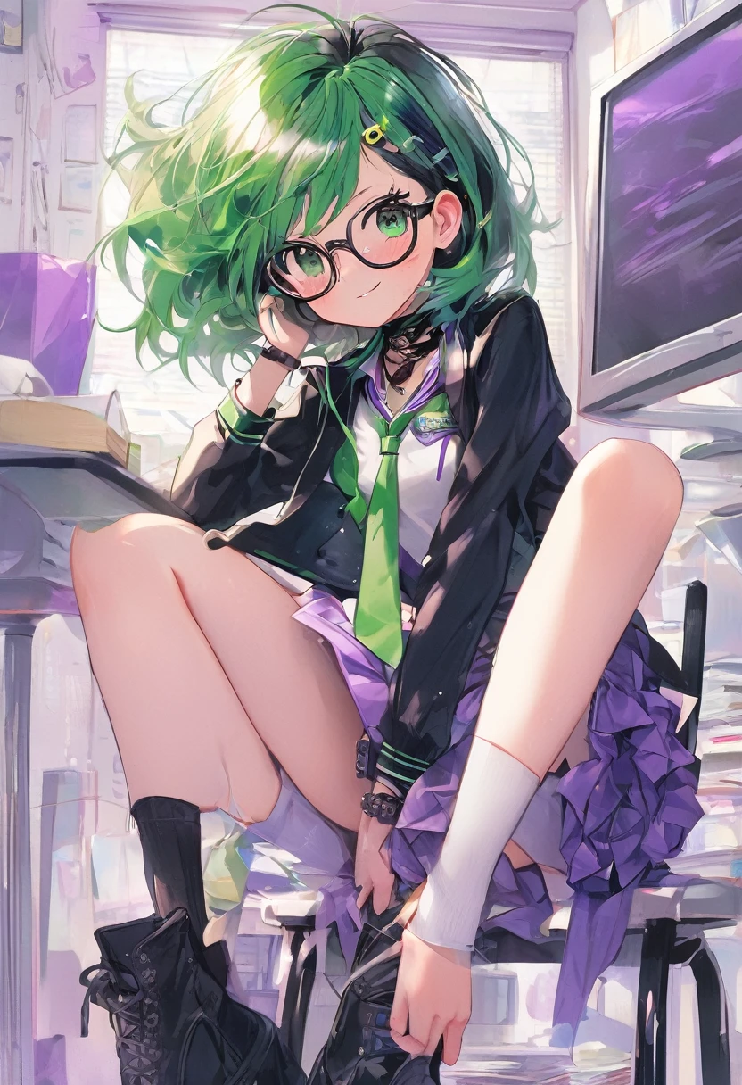 score_9, score_8_up, score_7_up, score_6_up, score_5_up, score_4_up, 1girl, sexy 12 year old tomboy, perfect body, fair skin, green eyes, cute face, freckles, small breasts, long legs, choker, black lipstick, purple eyeshadow, parted lips, seductive smirk, front view glasses, choker, black lipstick, eyeliner, mascara, firm butt, round ass, smile, two-tone hair, purple IncursioDipDyedHair, pixie cut purple hair, school_uniform, serafuku, blue_skirt, white_shirt, view from below, pussy juice, transparent white panties, cameltoe(puffy pussy), one leg on chair, classroom, sitting on chair