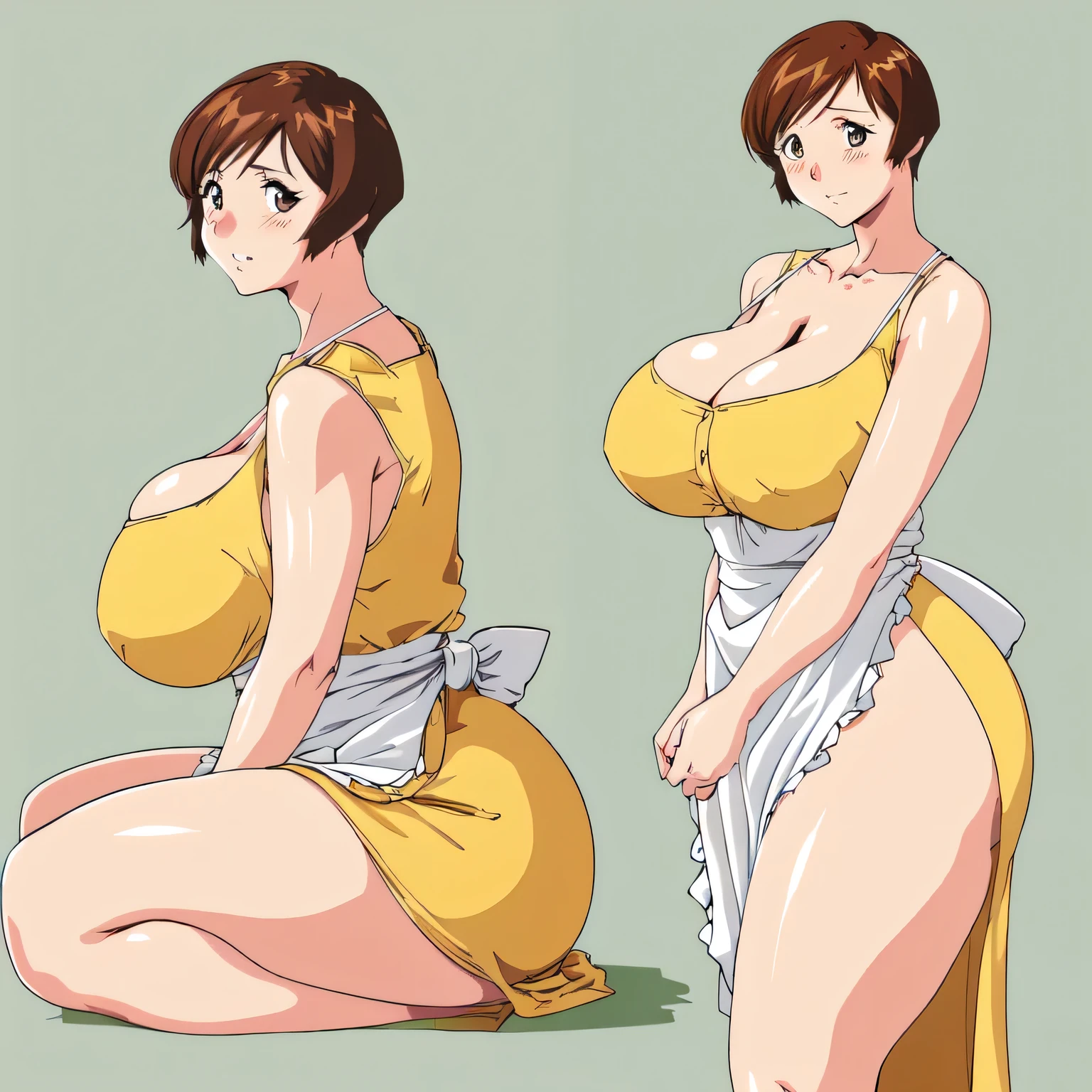 masterpiece, highest quality, High resolution, One Girl, alone, alone, short hair, etsukoto, fine grain, fine grain, (((Thick thighs, Plump thighs, Voluptuous thighs, Thighs are enough))), Big and ample breasts, Cleavage, Huge long breasts, Naughty big,((Big breasts are important))、((Naughty thighs)), L Cup, (thin:1.4),(Tight waist:1.4), (Perfect beautiful yellow dress:1.4), ((white waist apron)), Embarrassed look, White panties, (((Simple Background))), ((Wide Hips)), Shiny, Oily skin, Mature mother, Calf, Seductive mature woman, Perfect body, Plus Size Model, etsukoto, blush, clavicle, retro artstyle, 1990s (style), ((bare legs)), wariza, sitting, from side,