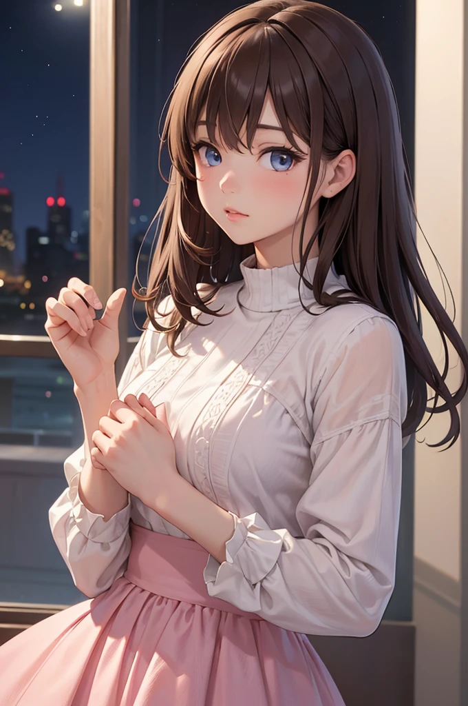 masterpiece、highest quality、High resolution、high quality images、8K, 1 female、skin luster、skin texture、Expression of fine eyes, realism, Detailed manga style, manga art style, perfect line drawing, beautiful line drawing, digital manga art girl, Clear, charm, Front view, (perfectly detailed face), (fine hands) 、(Five fingers:1.3)、photorealistic images, Depth of written boundary,
One girl, bangs, blue eyes, Blurred Background, Brown Hair, Mouth closed, From the side, Hair between the eyes、White and pink dress、Long sleeve, View Viewer, Medium Hair, night, star , Upper Body, Bright and colorful, Strong color contrast、(Hide your hands:1.5)