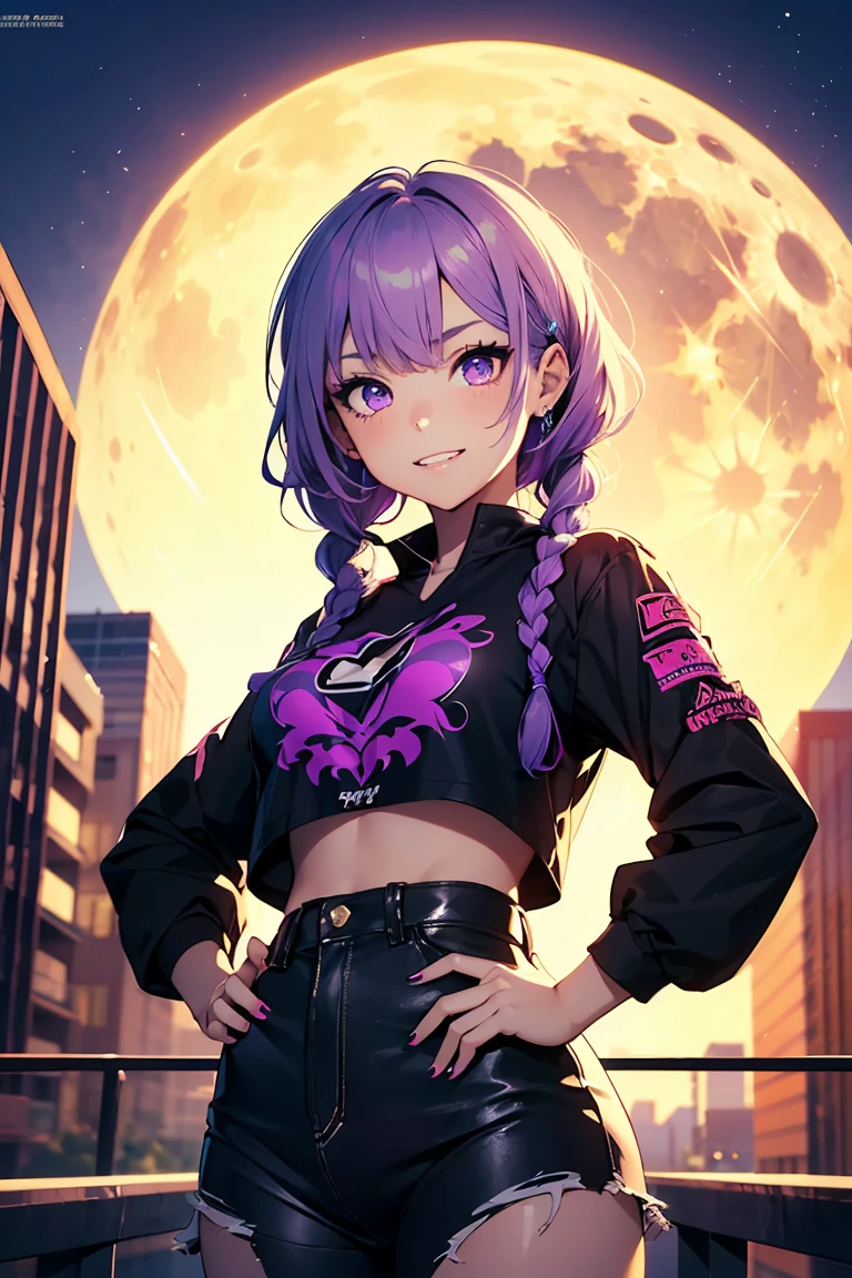 ((1 girl)), full moon, Latest Trends in Clothing, Neon Color Fashion, Hands on hips, Punk Metal, Street fashion,Psychedelic fashion, Cowboy Shot,((Very detailed,highest quality, High resolution, 8k wallpaper, Beautiful clothes,)),((Light purple hair, Shortcuts,Braided hair,)) , (Purple eyes), (teeth), Grinning face, eye shadow, eyeliner,Glow Eye, Very detailedな目, Clear Eyes, Beautiful Eyes, 18-year-old girl.