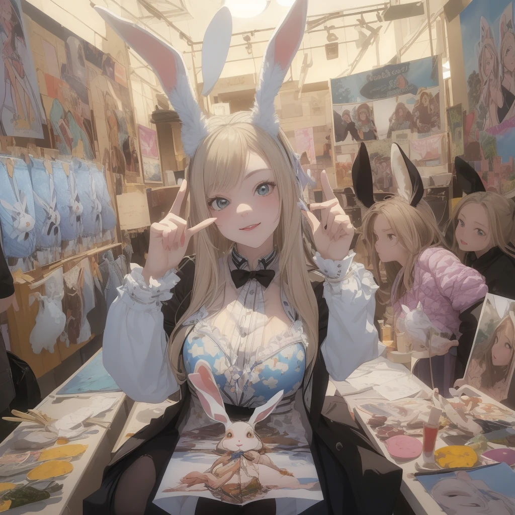 ((Trick Art, Visual illusion effect)), (masterpiece, highest quality:1.2), Three Girls, Fashion trend leaders, A girl is taking a selfie in front of a poster full of girls wearing bunny ears, (((Depicts an optical illusion image that looks like rabbit ears growing from the girls&#39; heads when viewed from a distance.)))