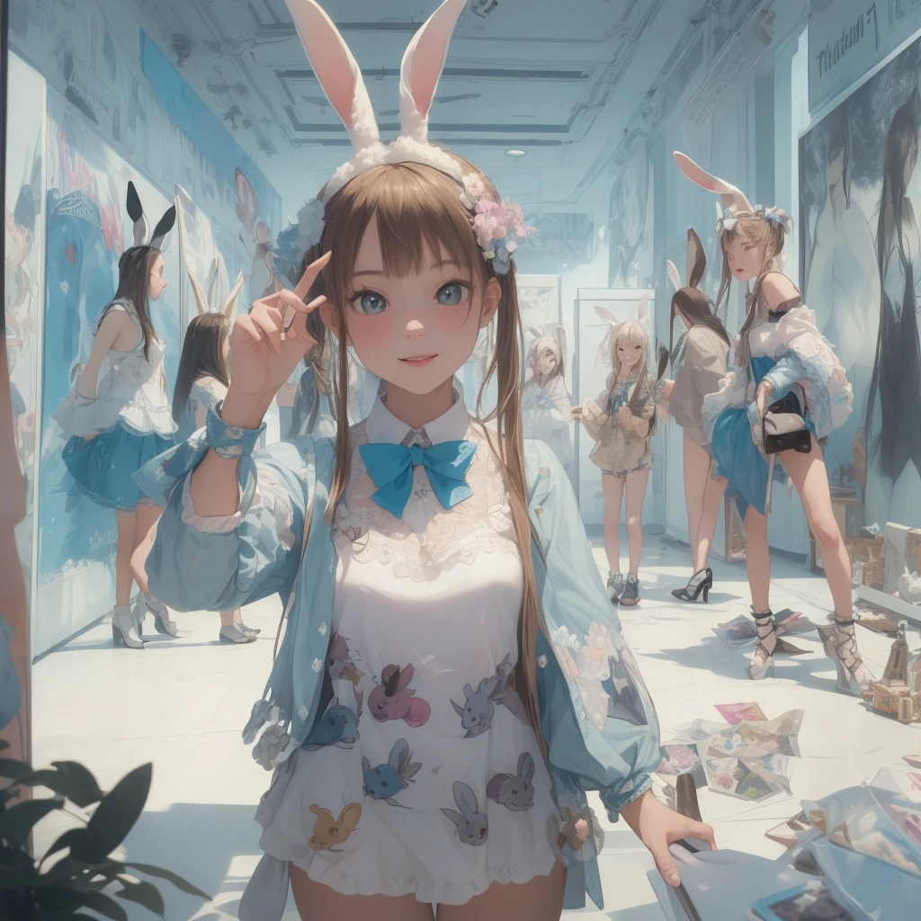 ((Trick Art, Visual illusion effect)), (masterpiece, highest quality:1.2), Three Girls, Fashion trend leaders, A girl is taking a selfie in front of a poster full of girls wearing bunny ears, (((Depicts an optical illusion image that looks like rabbit ears growing from the girls&#39; heads when viewed from a distance.)))