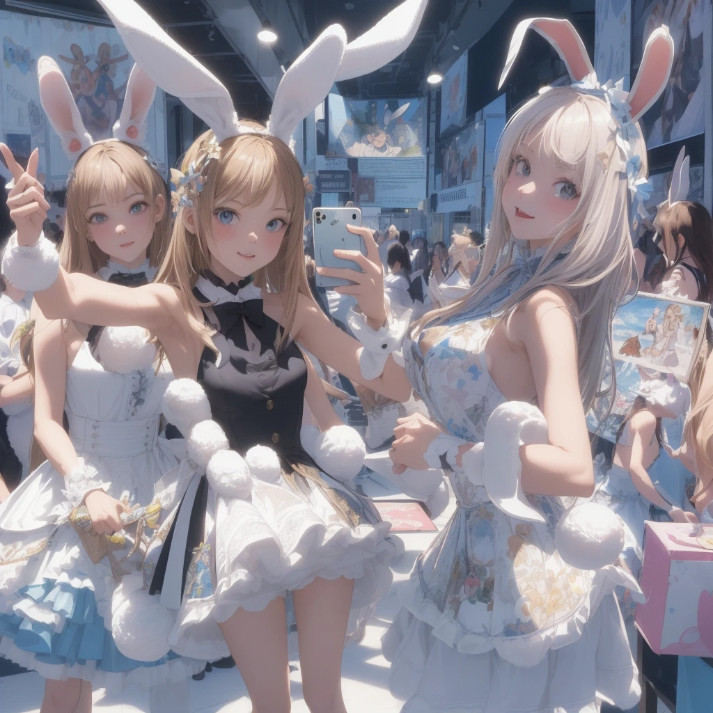 ((Trick Art, Visual illusion effect)), (masterpiece, highest quality:1.2), Three Girls, Fashion trend leaders, A girl is taking a selfie in front of a poster full of girls wearing bunny ears, (((Depicts an optical illusion image that looks like rabbit ears growing from the girls&#39; heads when viewed from a distance.)))