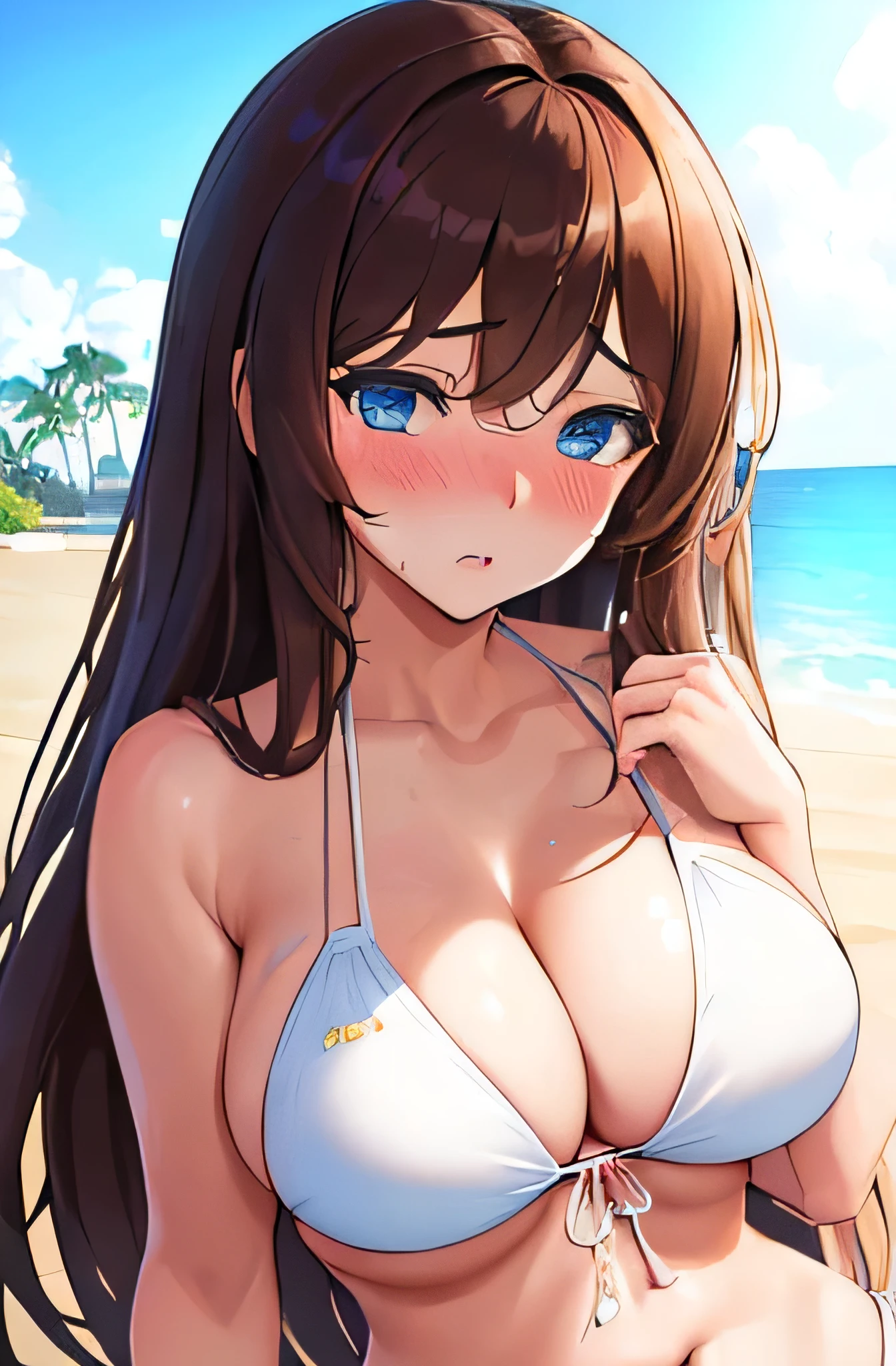 (This is a close-up shot of a young anime girl in a bikini on the beach:1.4),(solo:1.4),(1girl:1.4),(long brown hair:1.3),(blue eyes:1.2),(white bikini top:1.3),(white bikini bottom:1.2),(navel:1.1),(sitting on the beach:1.3),(palm trees in the background:1.2),(ocean in the background:1.2),(blue sky:1.1), (detailed face:1.3),(beautiful detailed eyes:1.3),(slightly parted lips:1.2),(shy embarrassed expression:1.3),(flushed cheeks:1.2),(slender body:1.2),(large breasts:1.3), (masterpiece:1.2),(best quality:1.3),(ultra high res:1.2),(photorealistic:1.1), lora:cuteGirlMix4_v10:0.5,lora:koreanDollLikeness_v15:0.3,