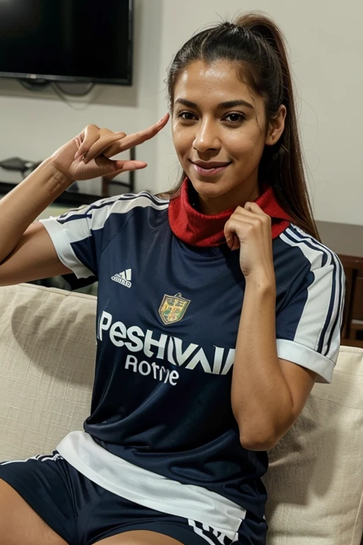 Modelo 1: total concentration:Cristiane Silva is sitting on the sofa in her living room, vestindo a camisa do seu time favorito, jogando PES 2024 no celular. A imagem foca em seu rosto concentrado, com o celular em destaque.Modelo 2: Ambiente de Jogo:Cristiane Silva vestindo a camisa do seu time favorito, relaxada em uma poltrona na sala de estar. O ambiente ao redor tem elementos decorativos relacionados ao futebol, como bolas, scarves and trophies.Modelo 3: Victory Celebrated:Cristiane Silva standing in the living room, celebrating a game victory. She holds up her cell phone with one hand and makes a victory gesture with the other.. The team shirt is clearly visible, mostrando seu entusiasmo.Modelo 4: Detalhes do Jogo:Um close-up de Cristiane Silva segurando o celular, mostrando a interface do PES 2024. Ao fundo, ela veste a camisa do time favorito, with a satisfied smile while playing.Modelo 5: Preparation for the Game:Cristiane Silva ajustando a camisa do time enquanto segura o celular. She's ready to start playing, com a sala de estar ao fundo mostrando um ambiente acolhedor e decorado com temas de futebol.Modelo 6: Momento de Relaxamento:Cristiane Silva sitting comfortably on the sofa, with one leg crossed and cell phone in hand. She wears the team's shirt and has an expression of fun, curtindo o momento de jogar futebol no celular.
