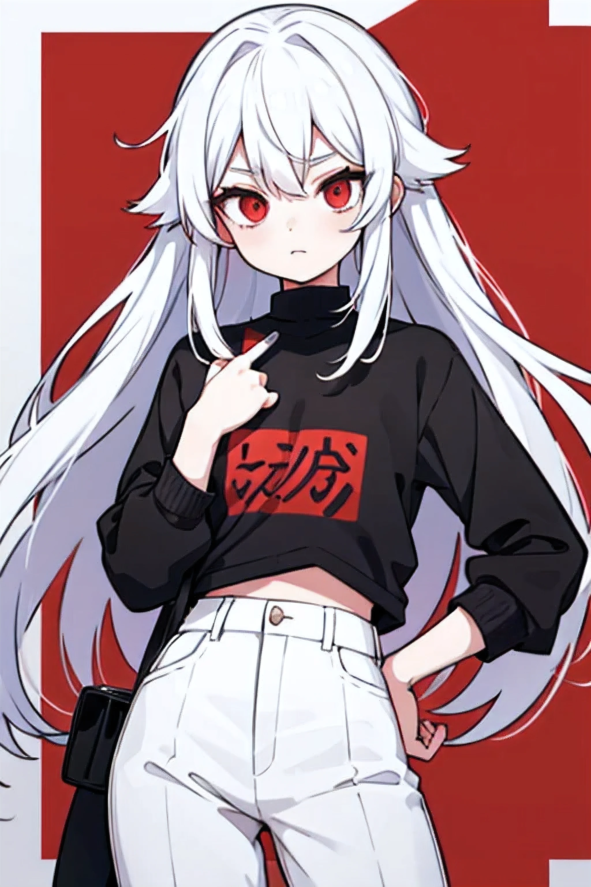 Androgynous figure, femboy, white hair, red eyes, long hair, casual clothes, ultra quality, high definition