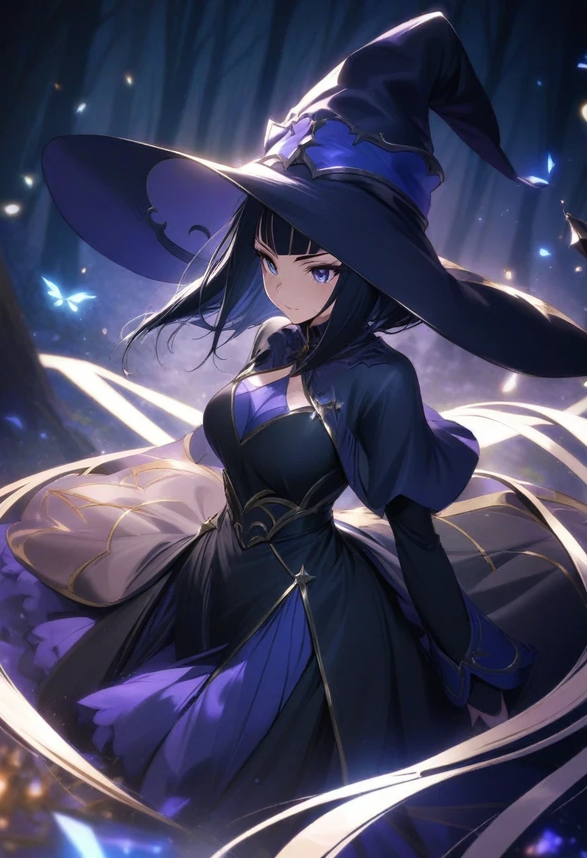 (shylily/(Twich/):1.5),(masterpiece:1.2),(best quality:1.2),A Magus girl holdding a magical sickle, Witch Hat, Giant horns, Ruffled skirt, Red and black clothing, sickle, Magic lights, The background is a dark forest