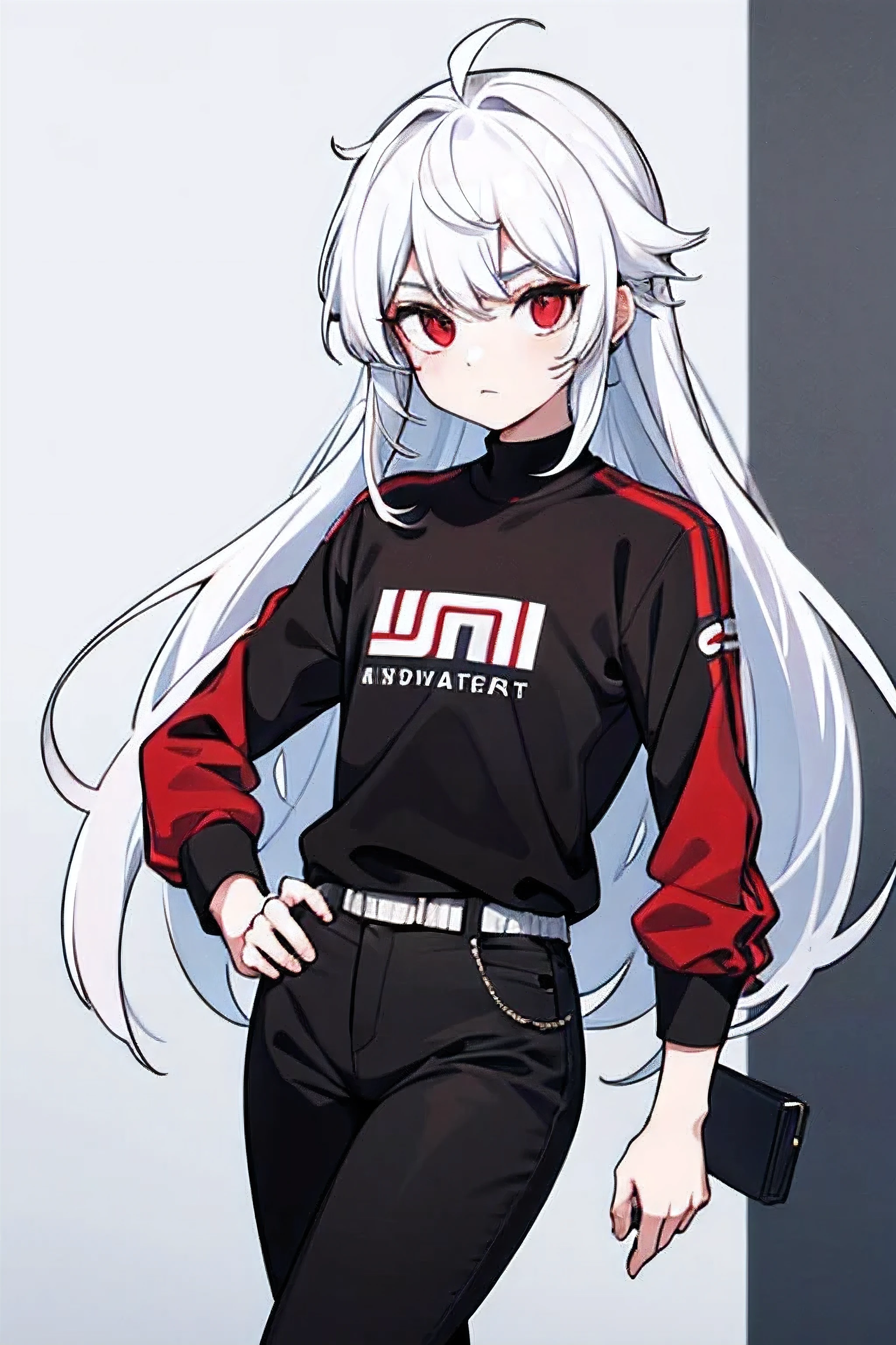 Androgynous figure, femboy, white hair, red eyes, long hair, casual clothes, ultra quality, high definition