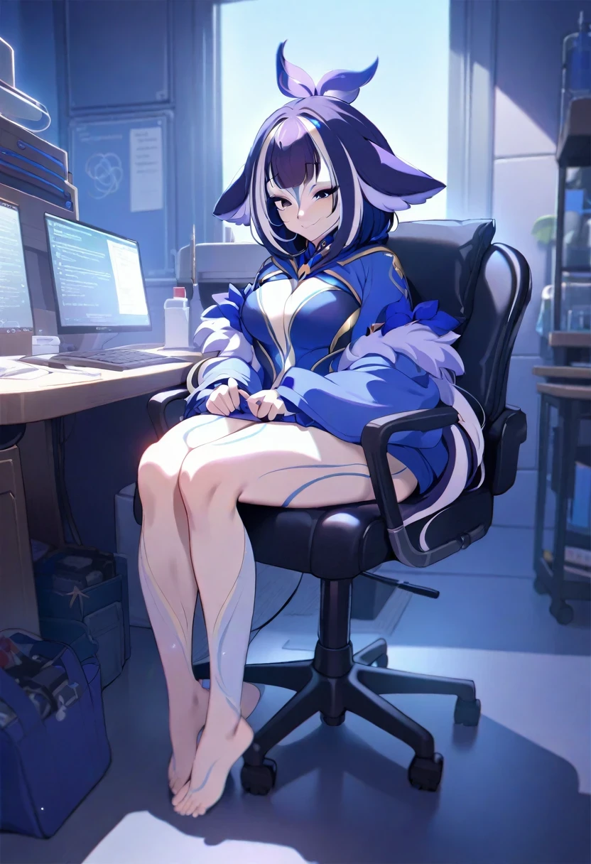 (shylily/(Twich/):1.5),(masterpiece:1.2),(best quality:1.2),smoky eyes，Smiling maliciously，sit on the chair，science and technology，douchebag，sick，lunatic，barefoot