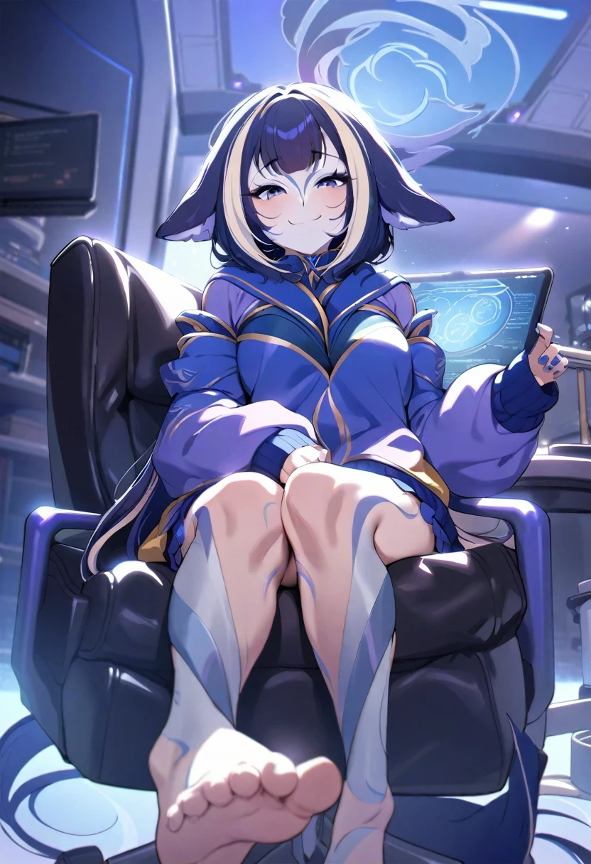 (shylily/(Twich/):1.5),(masterpiece:1.2),(best quality:1.2),smoky eyes，Smiling maliciously，sit on the chair，science and technology，douchebag，sick，lunatic，barefoot