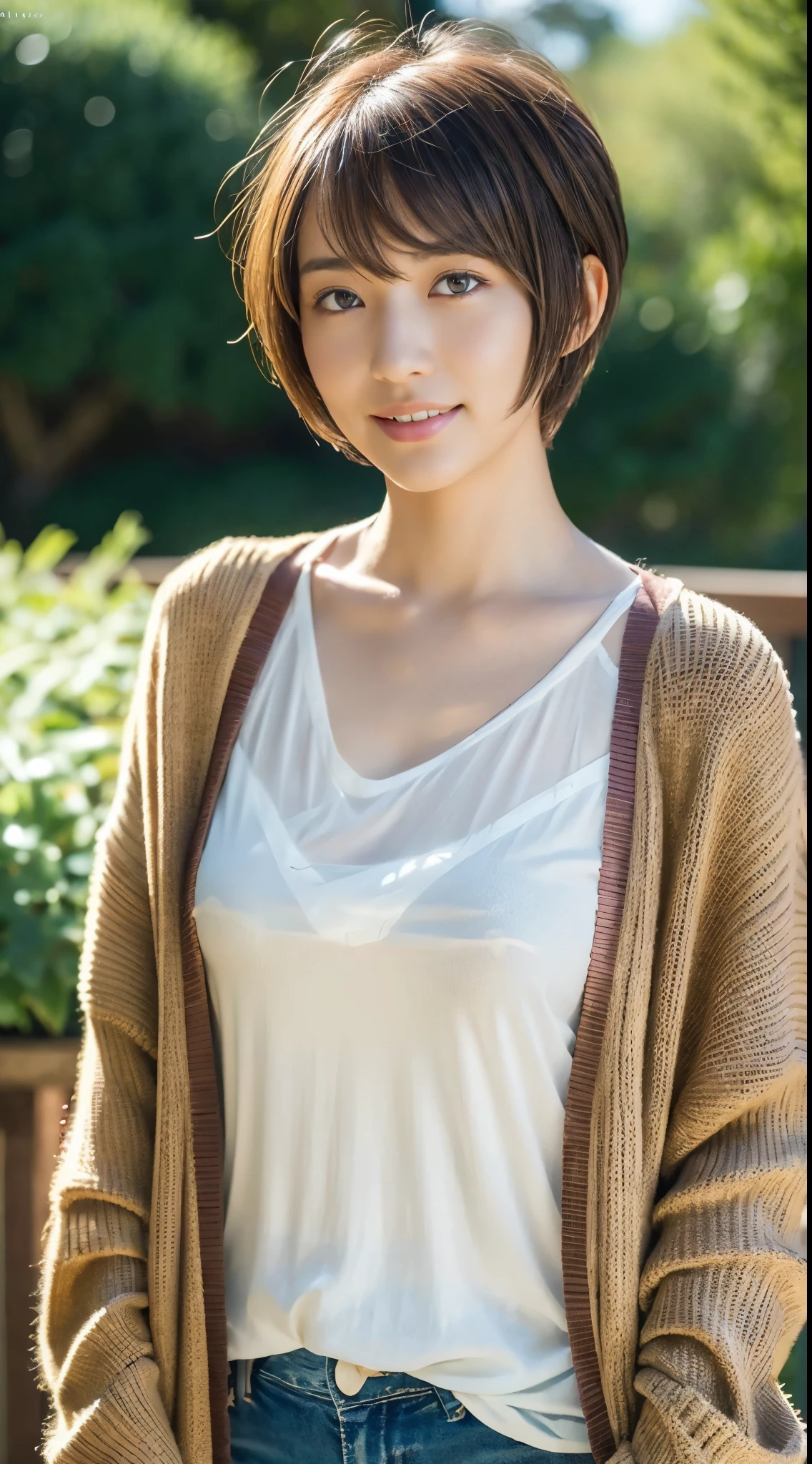 ((Best Quality, 8K, masutepiece :1.3)), 1girl(hair dyed brown, pixie cut), Cardigan :1.1, Ultra-detailed face(Round face 0.5), Detailed eyes, double eyelid.Sharp Focus: 1.2, (Increase the beauty of skin texture:1.1).Sensual beauty.(Full body shot).Smile.(flat-chested 1.8).raw photo