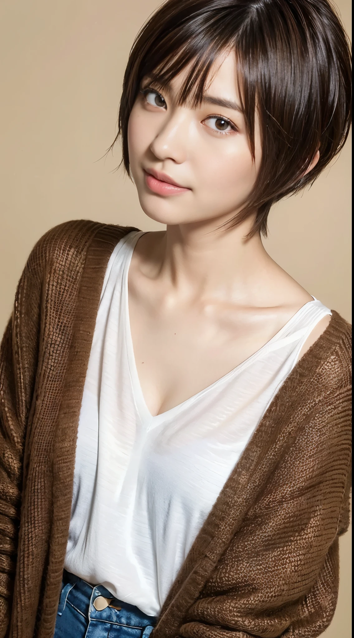 ((Best Quality, 8K, masutepiece :1.3)), 1girl(hair dyed brown, pixie cut), Cardigan :1.1, Ultra-detailed face(Round face 0.5), Detailed eyes, double eyelid.Sharp Focus: 1.2, (Increase the beauty of skin texture:1.1).Sensual beauty.(Full body shot).Smile.(flat-chested 1.8).raw photo