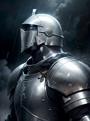 A full armored knight, looking up in the sky, raining, wet knight, rain dripping in the knights helmet, black clouds, atmospheric feeling, armor reflection, more rain.