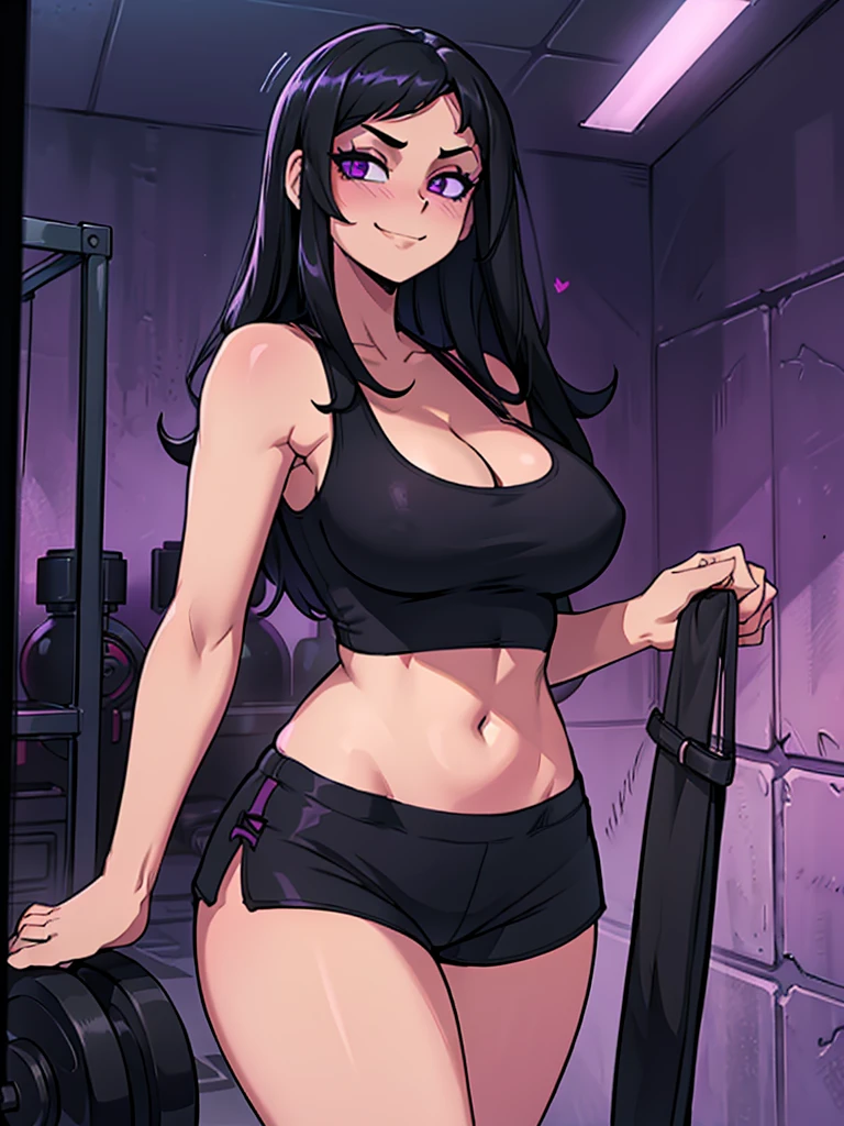 high_aesthetic, art by Lazorchef, ((Masterpiece, best quality, perfect lighting, amazing shading)), perfect anatomy, field of depth, extremely beautiful, detailed face, long black hair, straight hair with bangs, purple gym shorts, (skinny), white tank top, smiling, (cleavage), blushing, busy gym background, detailed background