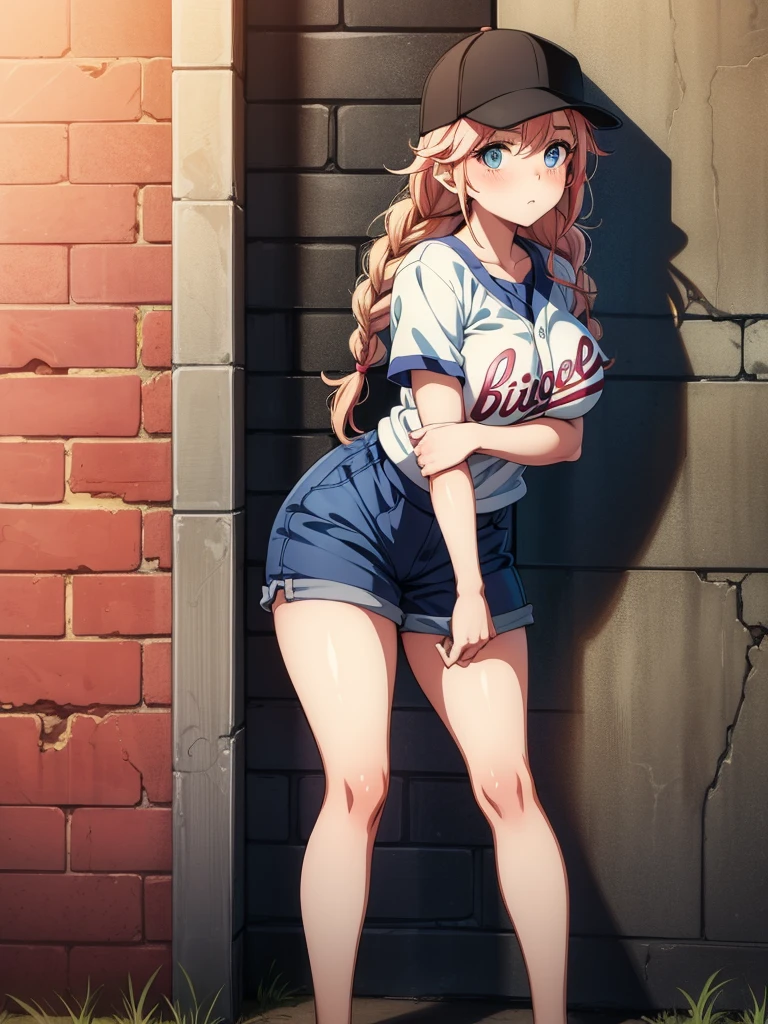 a cartoon girl leaning against a wall with her tits hanging out in her shorts, 1girl, graffiti, solo, hat, breasts, blue eyes, braid, twin braids, skirt, brick wall, baseball cap, against wall, long hair, large breasts, blush, wall