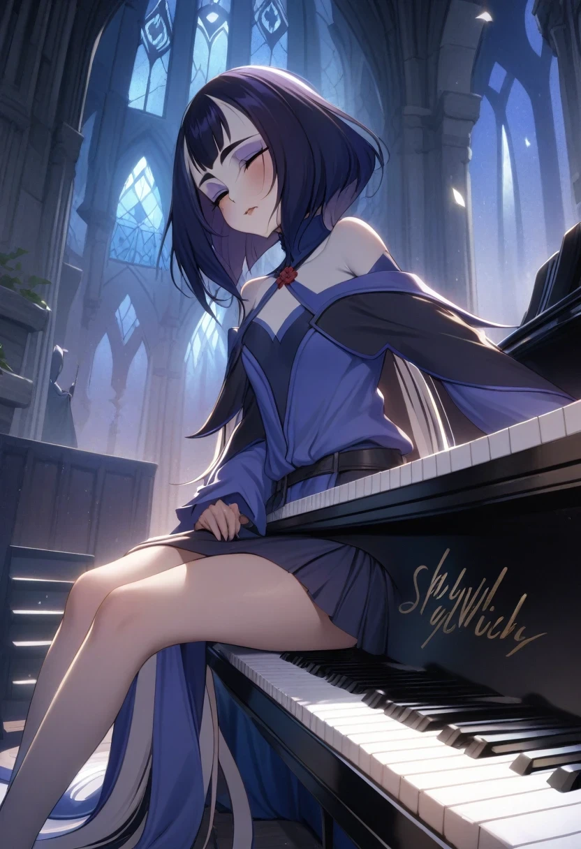 (shylily/(Twich/):1.5),(masterpiece:1.2),(best quality:1.2),Age 22 years、Slightly slim、play piano、Sit down and play an instrument、There is a piano、mysterious appearance、A sad expression、Mysterious Gothic church、Charming castle、Small Breasts、Seductive expression、Thighs are a bit slender、Skirt length is above the knee、
