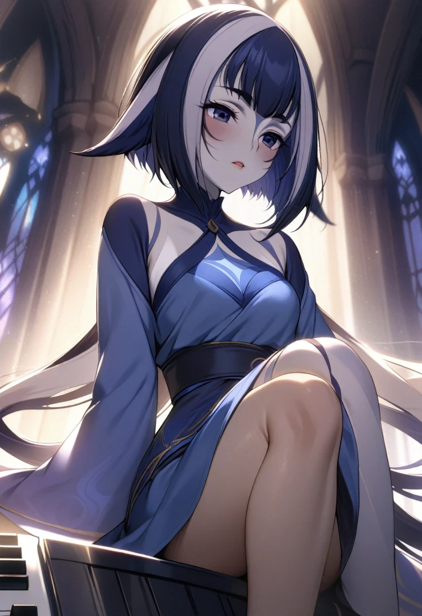 (shylily/(Twich/):1.5),(masterpiece:1.2),(best quality:1.2),Age 22 years、Slightly slim、play piano、Sit down and play an instrument、There is a piano、mysterious appearance、A sad expression、Mysterious Gothic church、Charming castle、Small Breasts、Seductive expression、Thighs are a bit slender、Skirt length is above the knee、