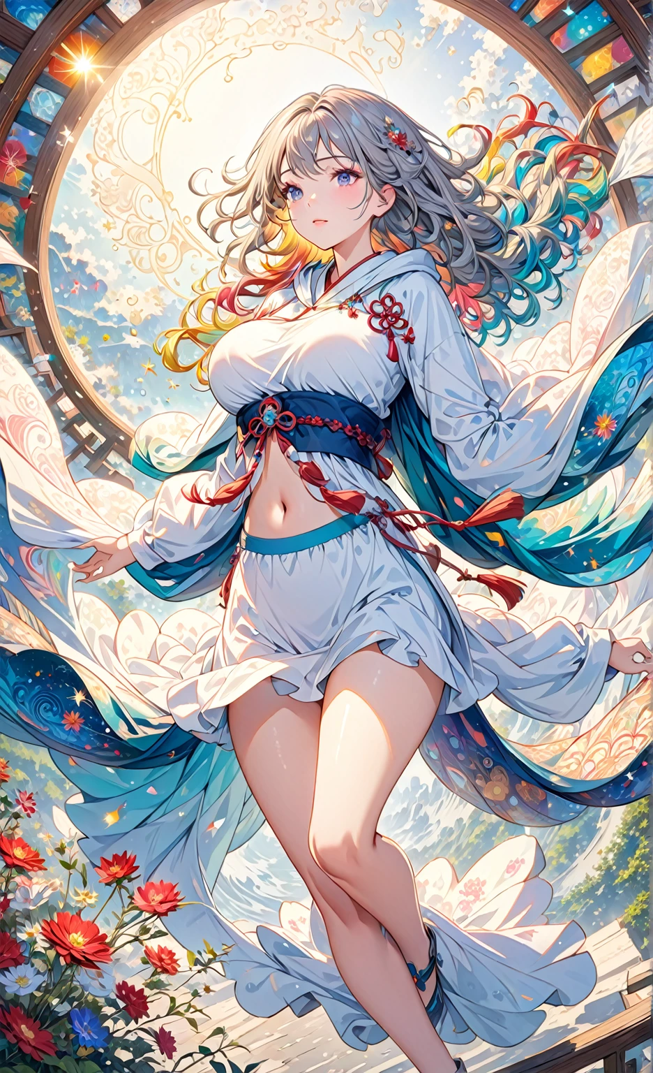 esoteric, 1girl,focus on face, golden_silver, hair spread out,wavy hair,(Gorgeous Cloak:1.2),Soft light,Huge breasts,depth of field (zentangle, mandala, tangle, entangle) (photorealistic:1.4), unity 8k wallpaper, ultra detailed, beautiful and aesthetic, masterpiece,best quality, (dynamic angle:1.4), glowing skin, (floating colorful sparkles:1) the most beautiful form of chaos, elegant, vivid colours, romanticism, navel, thigh gap,Flat and Zen Chinese Illustration style , 