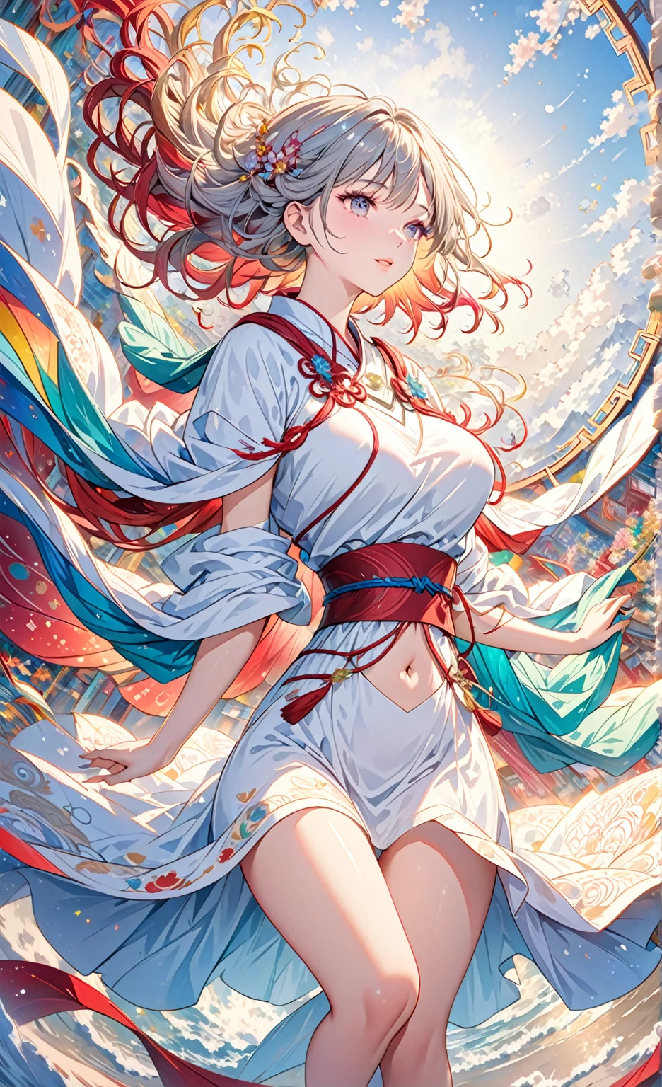 esoteric, 1girl,focus on face, golden_silver, hair spread out,wavy hair,(Gorgeous Cloak:1.2),Soft light,Huge breasts,depth of field (zentangle, mandala, tangle, entangle) (photorealistic:1.4), unity 8k wallpaper, ultra detailed, beautiful and aesthetic, masterpiece,best quality, (dynamic angle:1.4), glowing skin, (floating colorful sparkles:1) the most beautiful form of chaos, elegant, vivid colours, romanticism, navel, thigh gap,Flat and Zen Chinese Illustration style ,