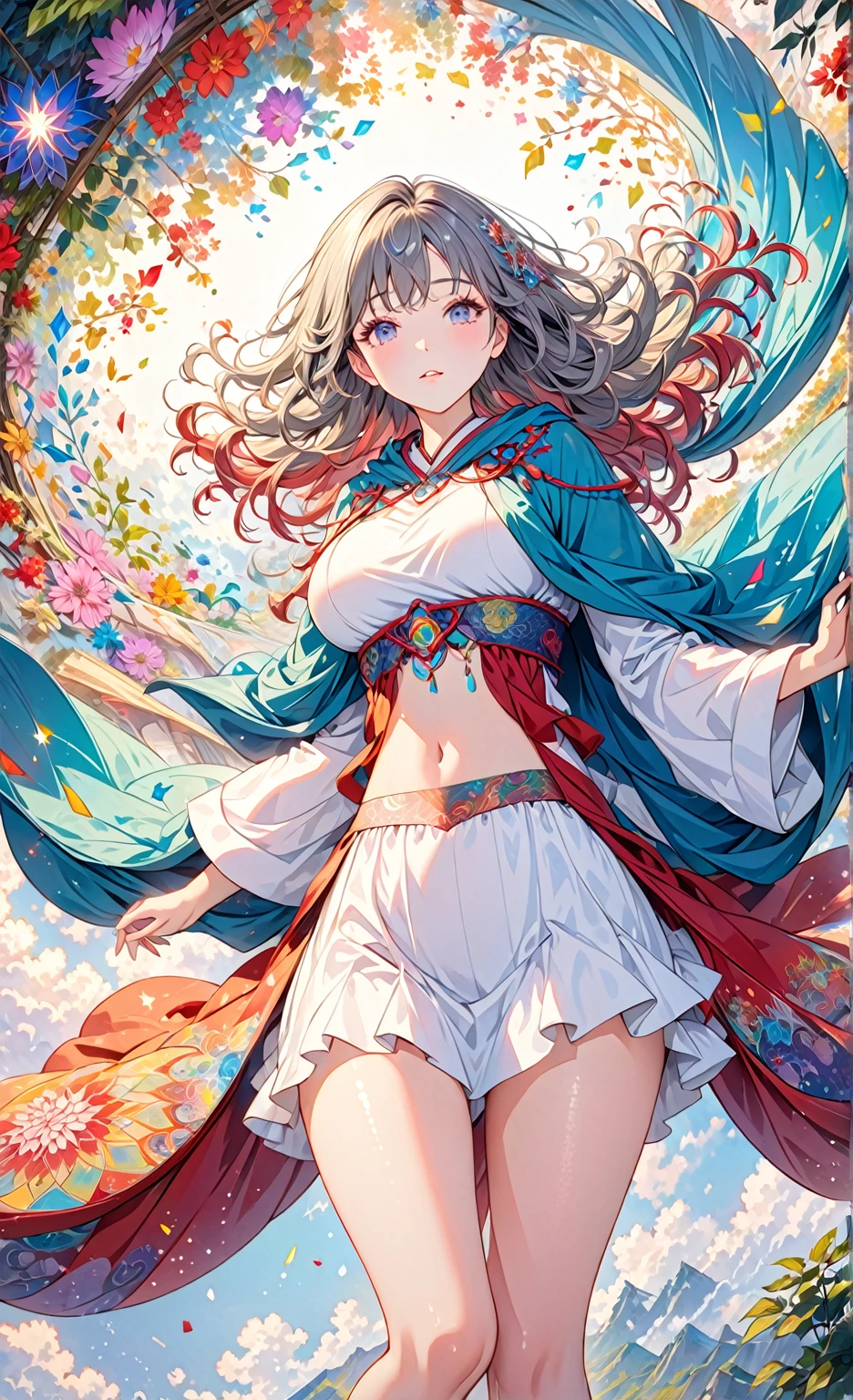 esoteric, 1girl,focus on face, golden_silver, hair spread out,wavy hair,(Gorgeous Cloak:1.2),Soft light,Huge breasts,depth of field (zentangle, mandala, tangle, entangle) (photorealistic:1.4), unity 8k wallpaper, ultra detailed, beautiful and aesthetic, masterpiece,best quality, (dynamic angle:1.4), glowing skin, (floating colorful sparkles:1) the most beautiful form of chaos, elegant, vivid colours, romanticism, navel, thigh gap,Flat and Zen Chinese Illustration style , 