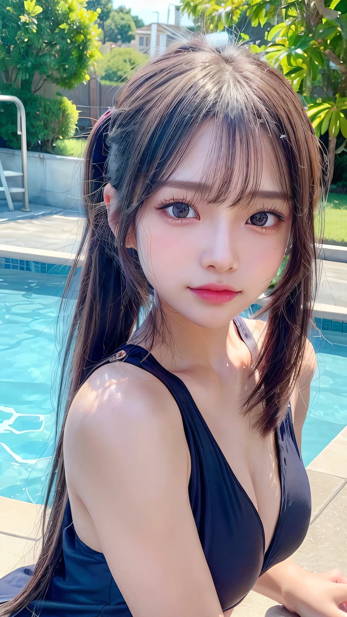 school navy blue one-piece swimsuit,less exposure of the body,Small breasts,14 years old,Outdoor,Close-up of face,Outdoor,Very large pool,Blushing,Facing forward,,Long hair ponytail,((8K, Raw photo, Best Quality, Mastepiece:1.2), (Realism, Photorealistic:1.4), (Highly detailed 8k wallpaper), Depth of written boundary, Cinematic Lighting, Soft Light, Detailed Beauty Eye,Shiny and smooth light brown ponytail, Asymmetrical bangs, Shiny skin, Ultra-detailed skins ,It is high resolution., High detail, Detailed hairstyle, Detailed facial beauty, Hyper-realistic, Perfect limbs, Perfect Anatomy ,1 Japanese girl,Famous Japanese Idols, Perfect female body,A shy smile,Short eyelashes,Double-edged eyelids,Look straight here,Hair style: ponytail,